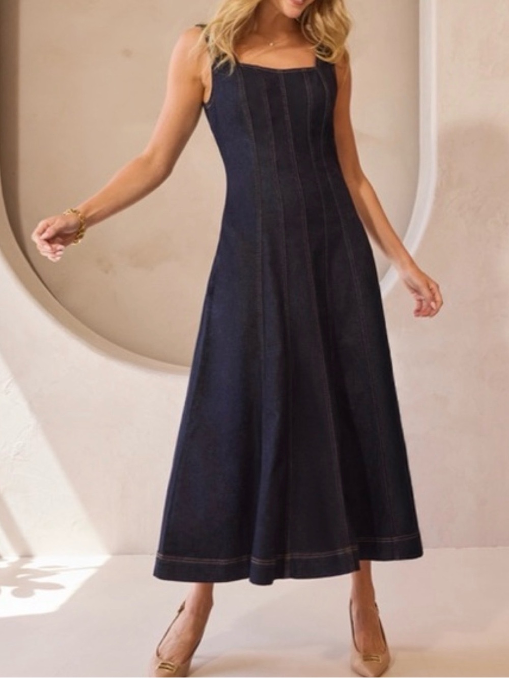 Liverpool Los Angeles Dark Blue Denim Maxi Dress - Sleeveless Square Neck